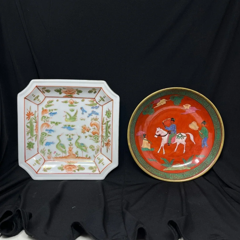 Vintage Hand Painted Porcelain Plate Bowl‎ Set Brass Rim Oriental Asian Horchow